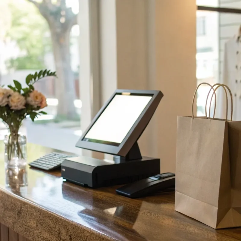 A checkout counter POS system for no monthly fee credit card processing.
