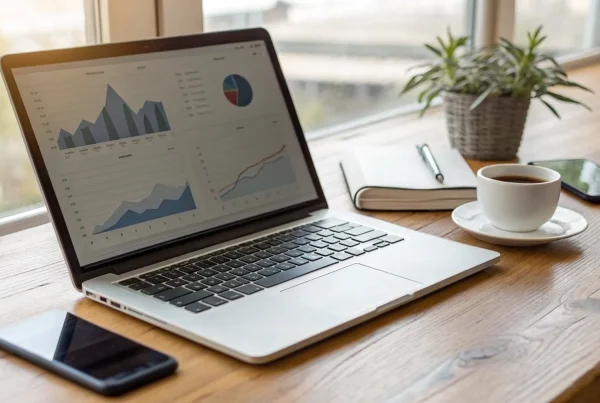 Laptop with charts and graphs comparing the best online merchant services for a small business.