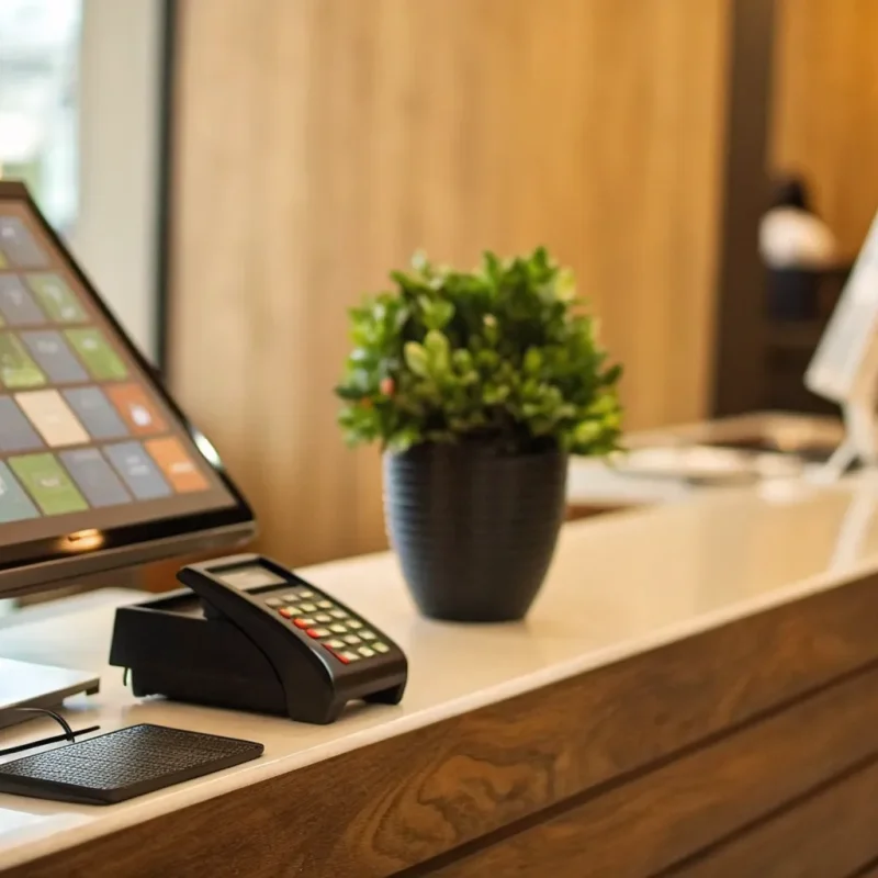 One of the best point of sale systems for a retail store, with a card reader on a counter.