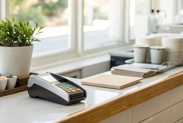 A credit card machine on a counter, a key part of the price for a small business.