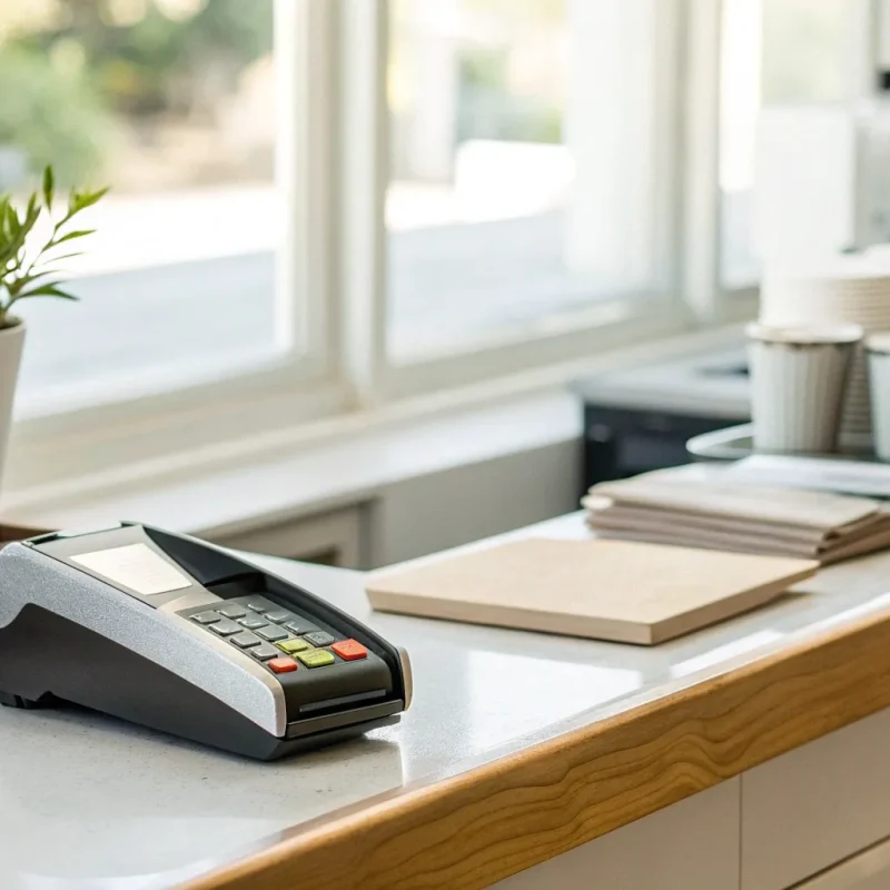 A credit card machine on a counter, a key part of the price for a small business.
