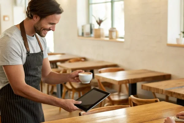 A waiter accepts a payment on a tablet, an example of merchant services for a small business.