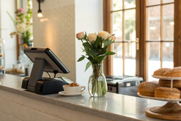 A point of sale example with a modern terminal on a cafe counter ready for a transaction.