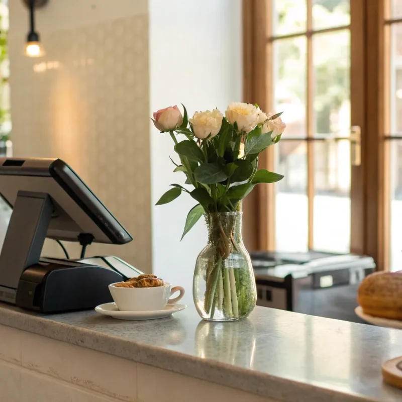 A point of sale example with a modern terminal on a cafe counter ready for a transaction.