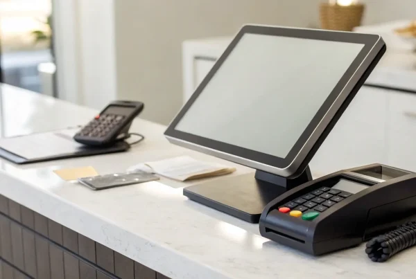 A modern point of sale system with a payment terminal on a retail counter.