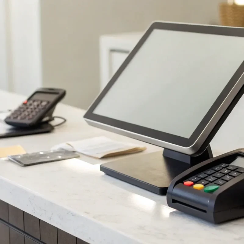A modern point of sale system with a payment terminal on a retail counter.