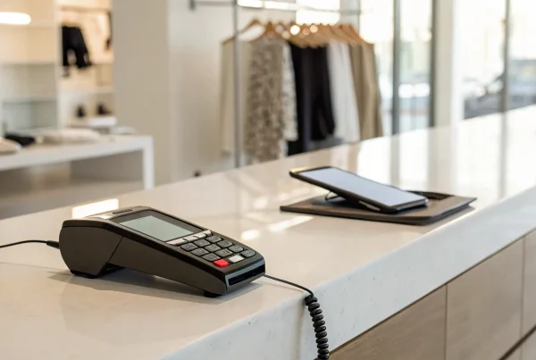 A mobile credit card reader for Android processing a payment with a tablet at a checkout counter.