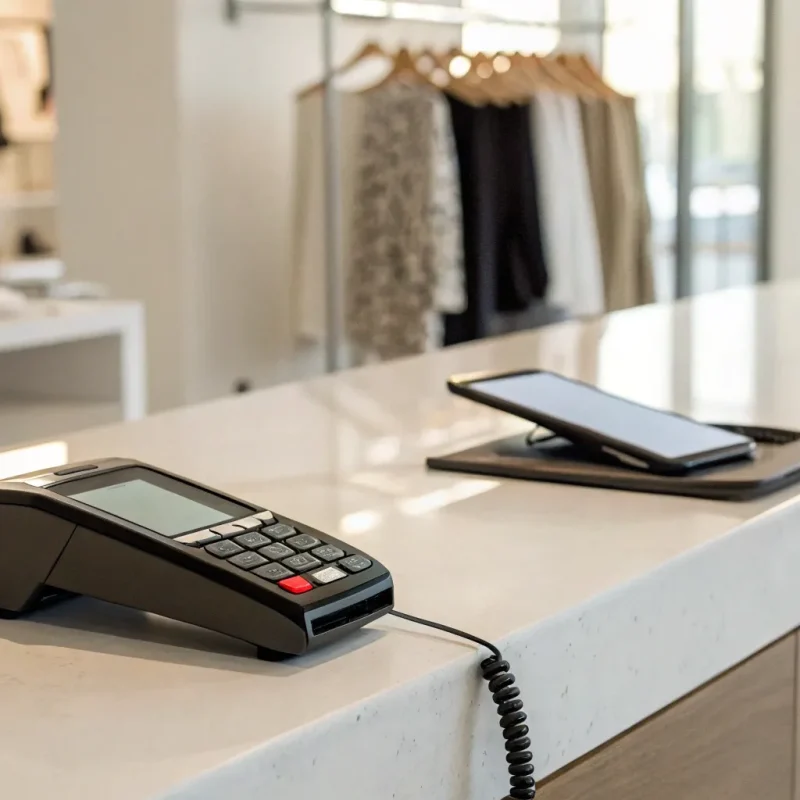 A mobile credit card reader for Android processing a payment with a tablet at a checkout counter.