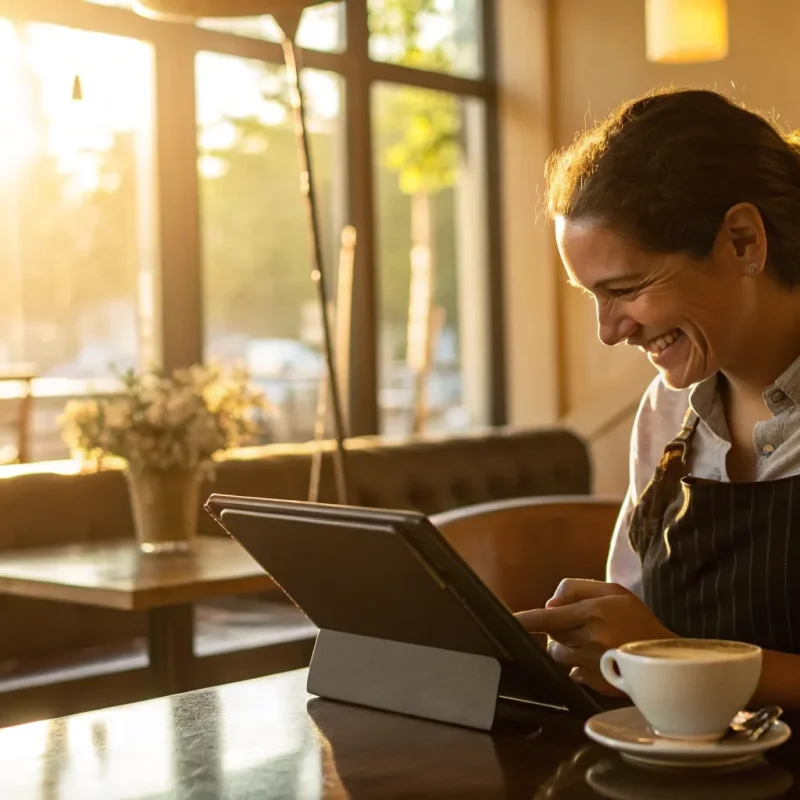 Small business owner in a cafe using a free POS system on a tablet.