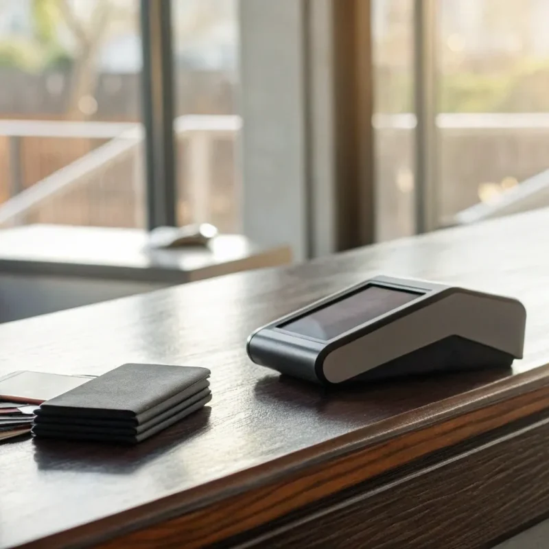 Credit card terminal on a counter, chosen from a list of credit card processing companies.