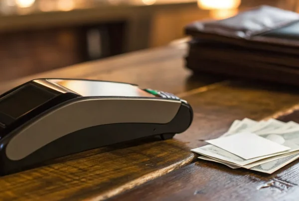 A free credit card processing machine on a counter next to a wallet and cash.