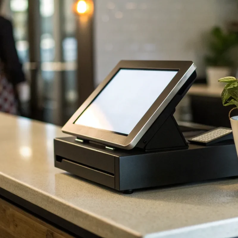 A modern POS system on a counter, an option from a list of the best systems for a small business.