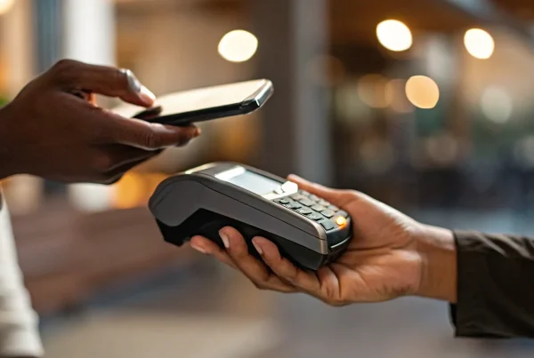 A person uses a phone for a contactless payment, choosing from the top 10 payment processing companies.