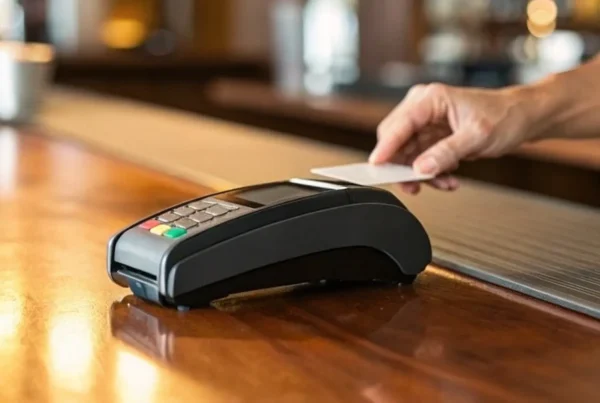 A small business taking a credit card payment with a portable card machine.