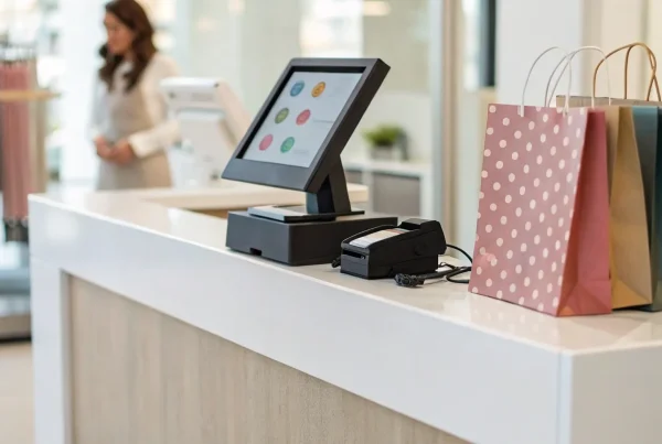 A point of sale system for retail with a payment terminal and touchscreen on a checkout counter.