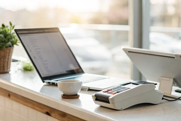 A POS terminal and card reader used for merchant services in banking.