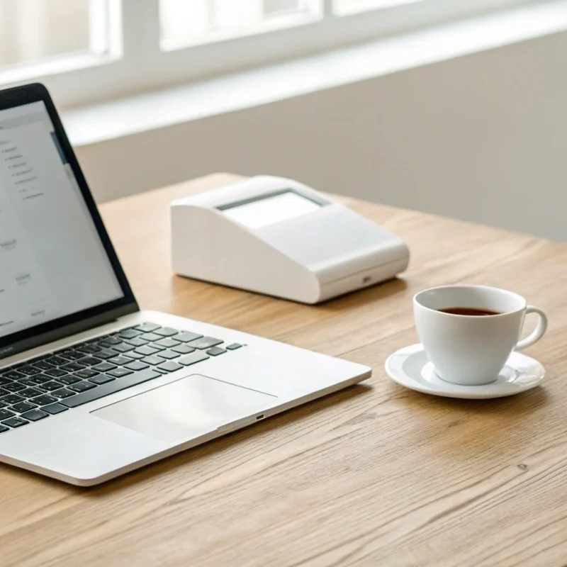Small business owner researching the cheapest online payment processing on a laptop next to a receipt printer.