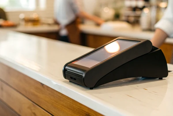 A contactless payment machine on a shop counter, a key business cost.