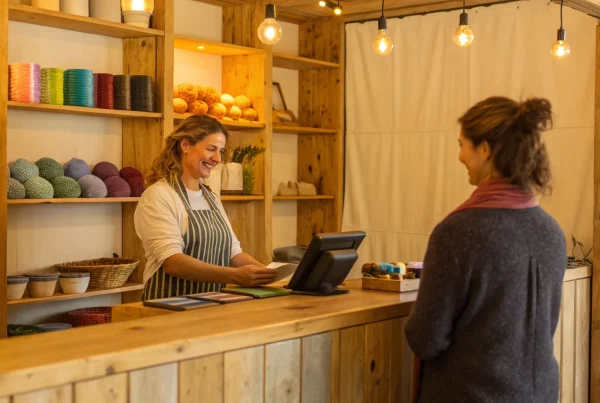 A small business owner reviews credit card processing fees while accepting a customer's payment.