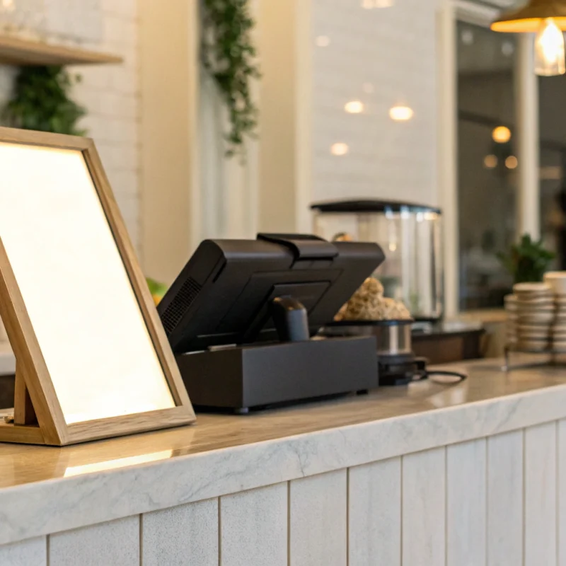Dual pricing signage template on a cafe counter next to a POS system.