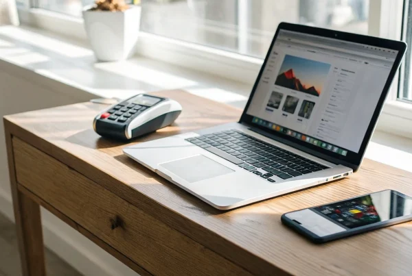 A desk setup with a laptop and card reader to accept online payments on a website.