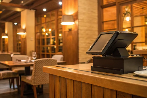 Restaurant point of sale system on a counter in a modern cafe.