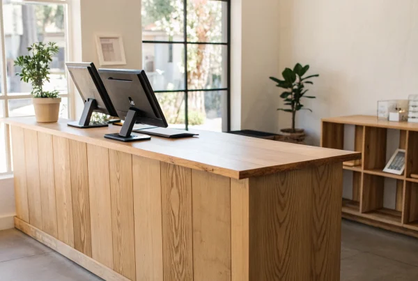 Effective dual pricing signage clearly displayed on a modern reception desk.