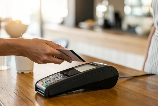 Receiving a credit card payment on a POS terminal that deposits directly to a bank account.