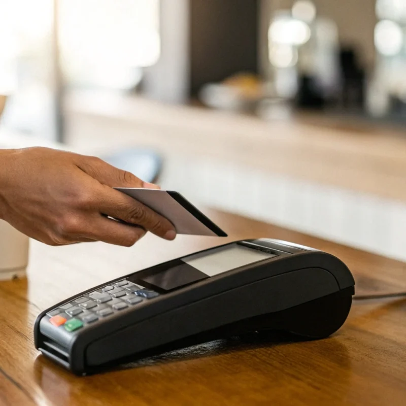 Receiving a credit card payment on a POS terminal that deposits directly to a bank account.