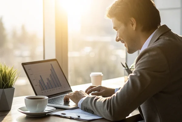 Merchant services agent analyzing a partner program on a laptop.