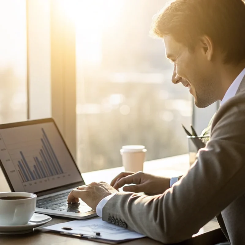 Merchant services agent analyzing a partner program on a laptop.