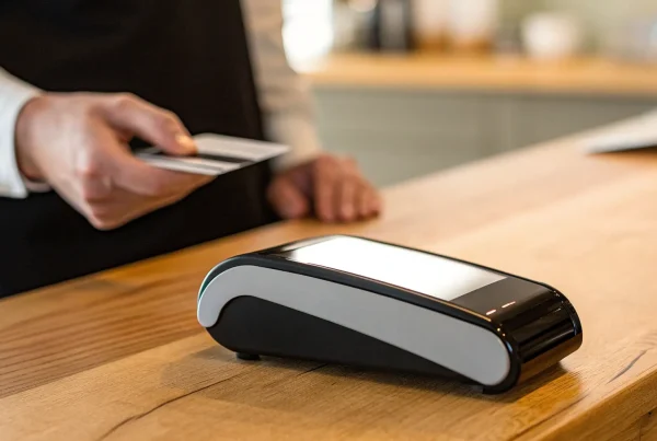 A customer makes a contactless payment by tapping their card on a payment terminal.