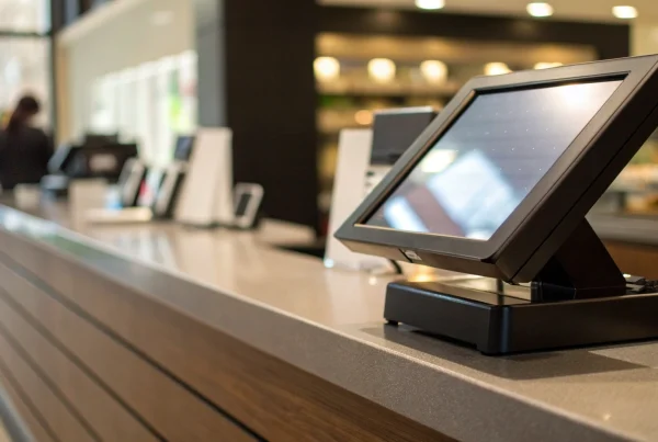 A modern retail point of sale system on a counter for managing sales and inventory.