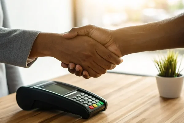 Business handshake over a POS terminal, securing electronic payments merchant services.