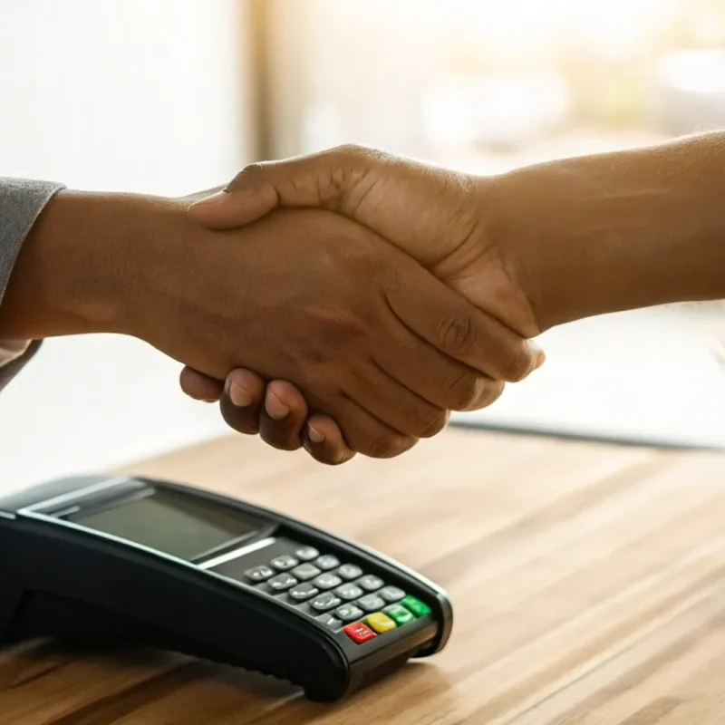 Business handshake over a POS terminal, securing electronic payments merchant services.