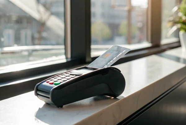 Zero fee credit card processing with a card inserted into a payment terminal.