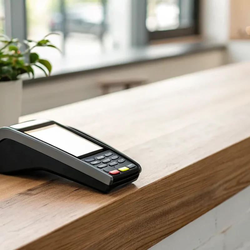 A wireless credit card terminal on a counter ready to process a payment.