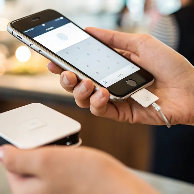 An EMV reader connected to an iPhone for accepting a secure credit card payment.