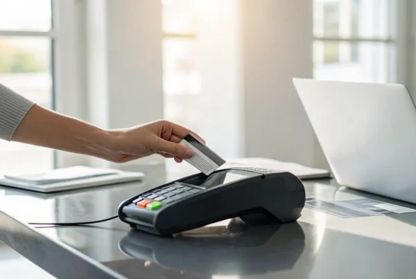 A merchant accepts a credit card payment with next day funding services.
