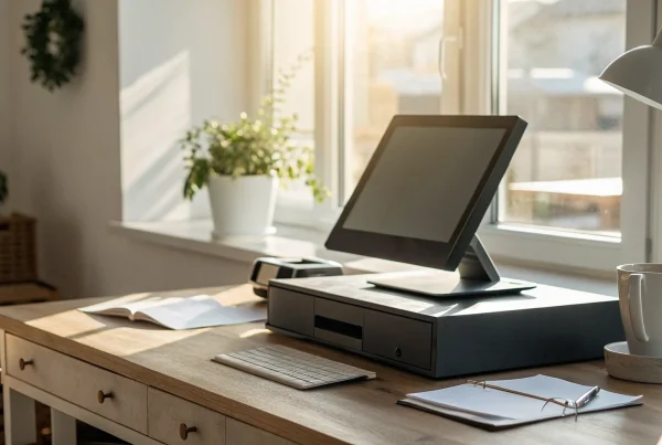 A modern EPOS system on a desk, part of a pay monthly plan for a small business.
