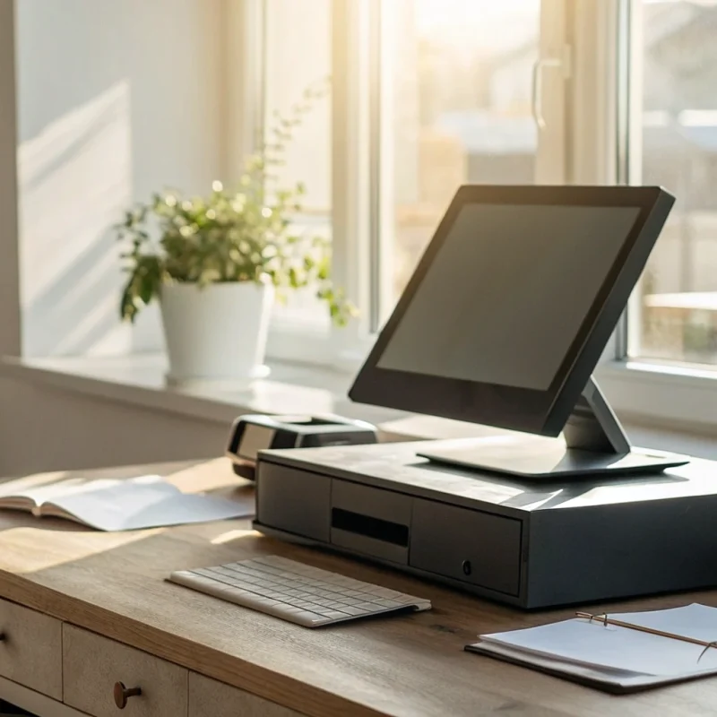 A modern EPOS system on a desk, part of a pay monthly plan for a small business.