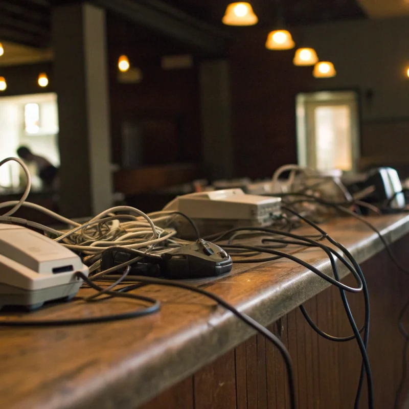 An old restaurant POS system with tangled wires slowing down frustrated employees.
