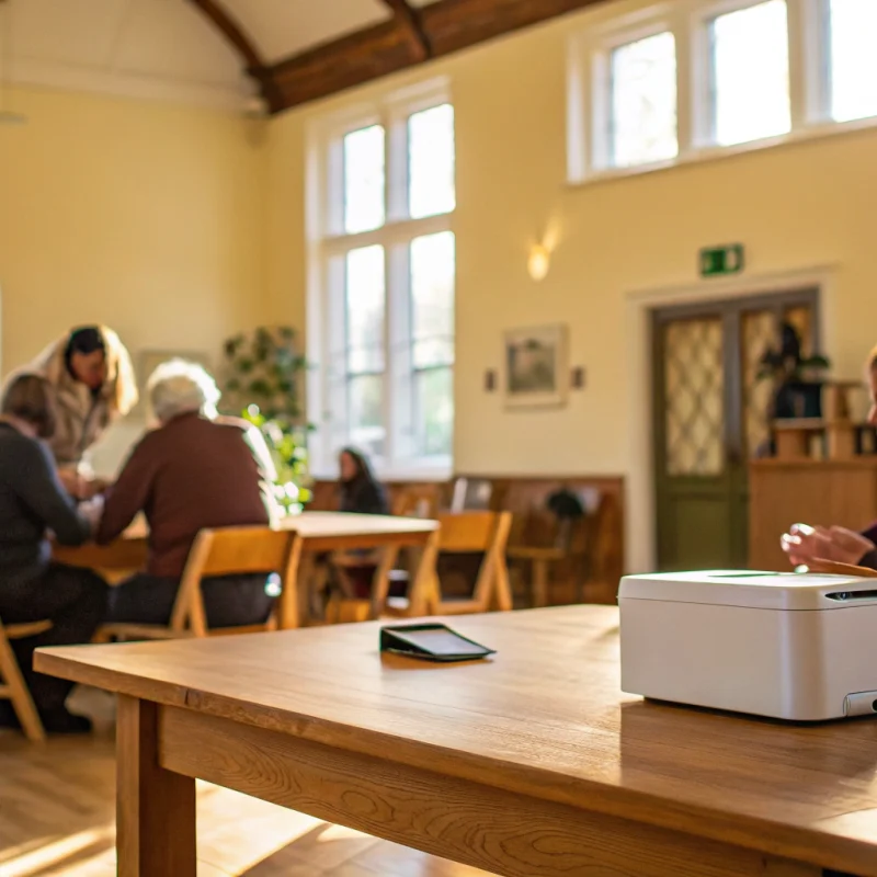 Taking a credit card payment from a donor at a fundraiser using a payment terminal.