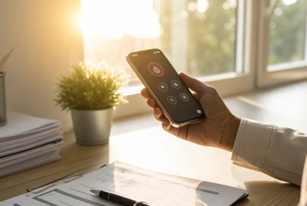 A person securely taking a credit card payment over the phone using a smartphone app at a desk.