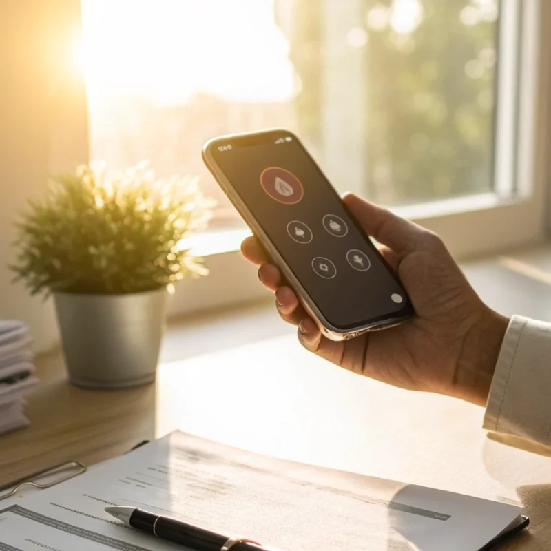 A person securely taking a credit card payment over the phone using a smartphone app at a desk.