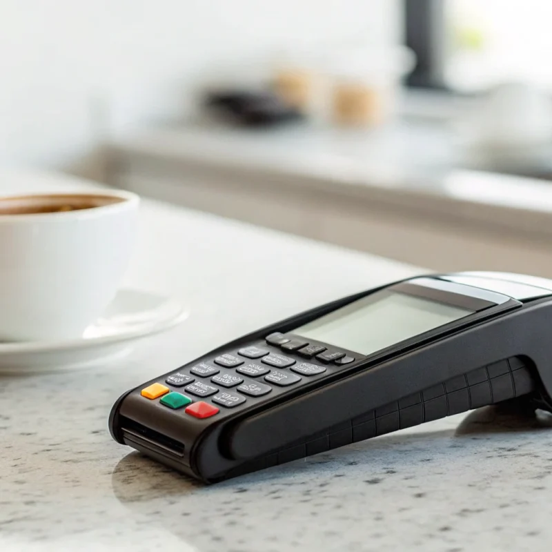 How a wireless credit card terminal works, with a machine on a counter ready for a business transaction.