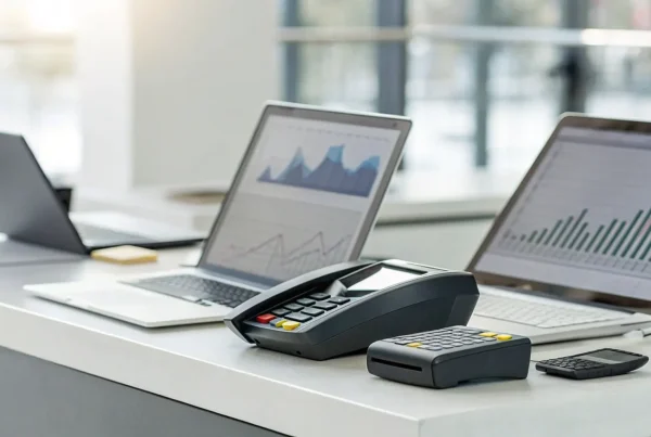 A payment terminal and laptop used to compare the best secure payment processing companies.