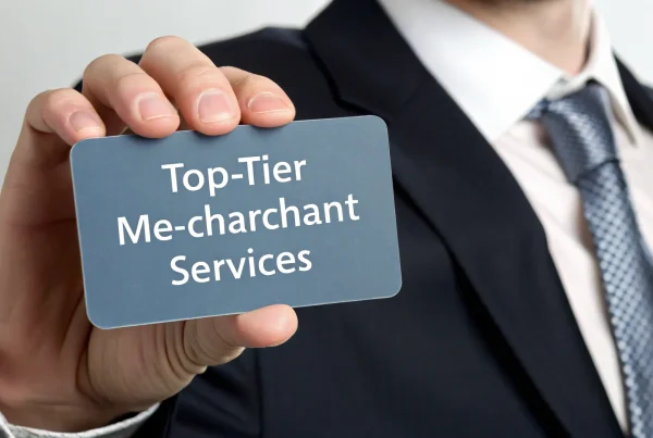 A business professional holding a card for top tier merchant services.