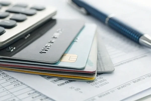 A merchant reviews Visa dual pricing rules using a calculator and credit cards.