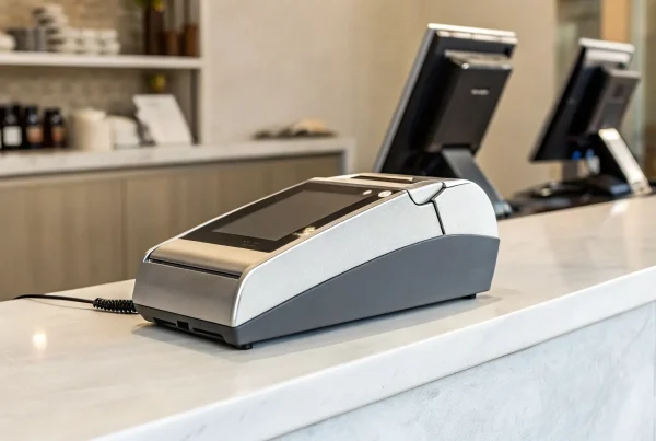 Contactless credit card machine for a retail store checkout counter.